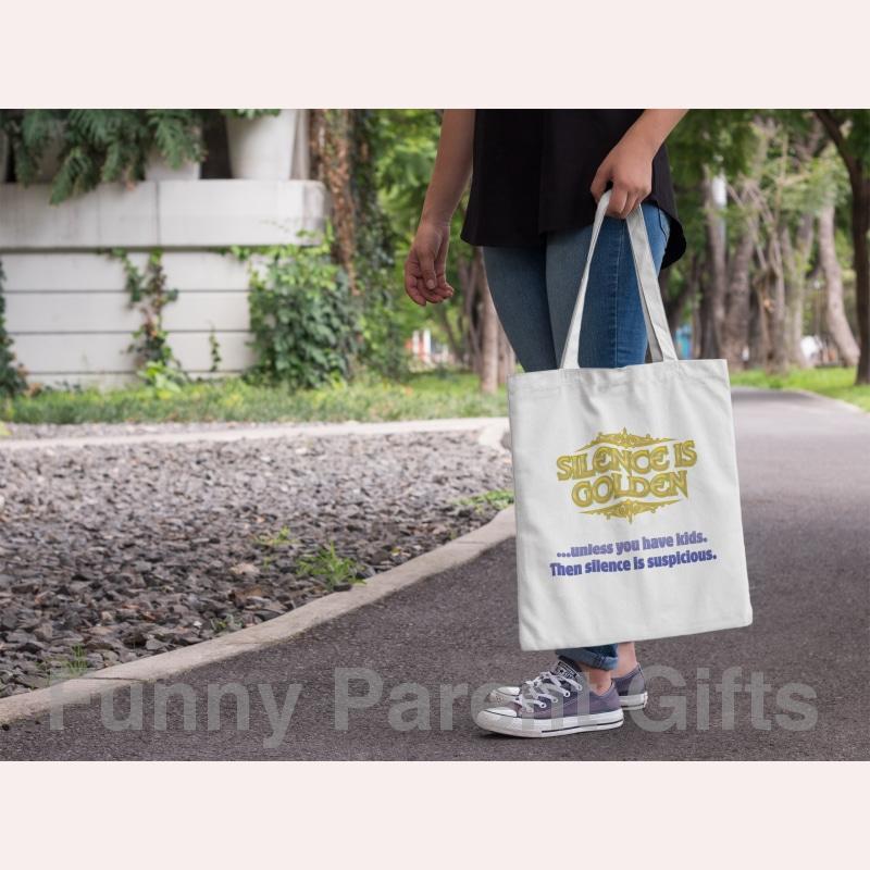 Funny Parent Gifts wholesale bags Silence is Golden/Suspicious Artwork on Canvas Merchant Tote Bags with Custom Logo