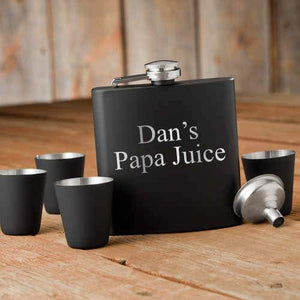 JDS Gifts Men Personalized Matte Black Flask and Shot Glass "Papa Juice" Gift Box Set