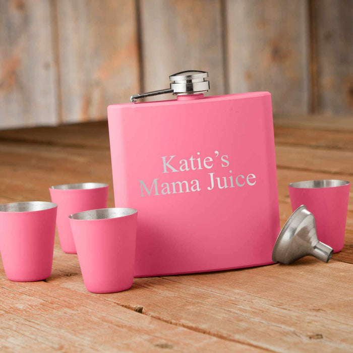Personalized Matte Pink Flask and Shot Glass "Mama Juice" Gift Box Set